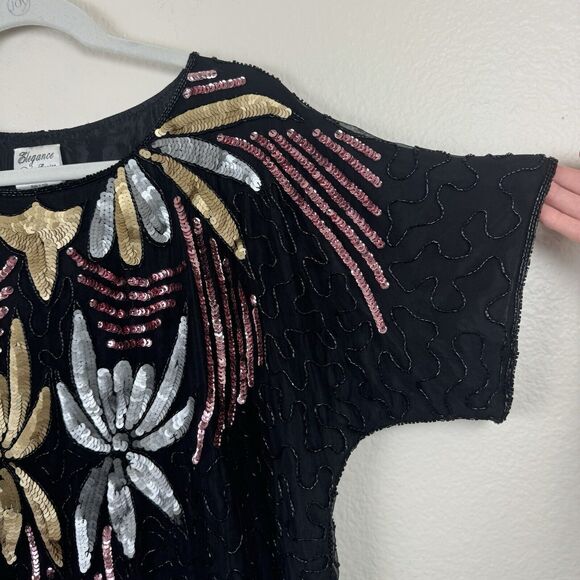 Vintage Elegance By Anujan Beaded Sequin Short Sleeve Silk Blouse Black Medium - Picture 4 of 15